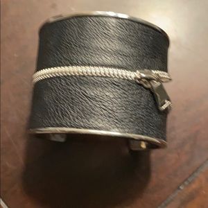 Black leather;silver cuff bracelet